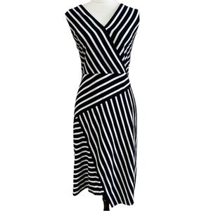 NWT Joseph Ribkoff Striped Faux Wrap Step Hem Dress Dark Blue White Size 12